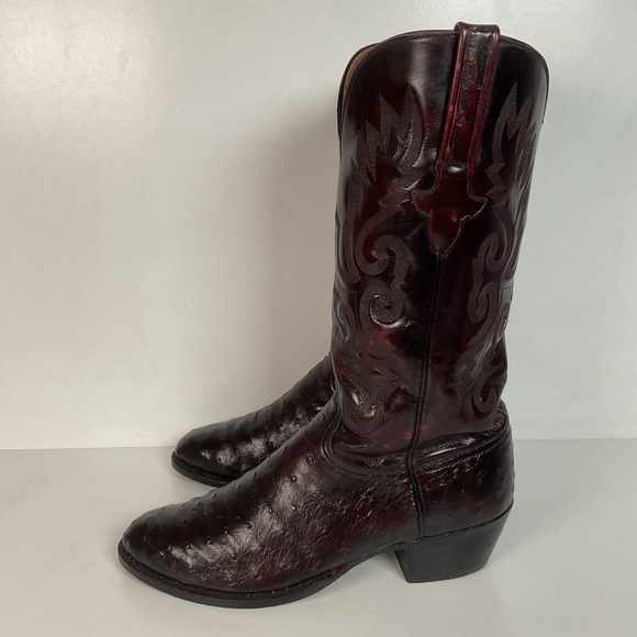 Vintage Lucchese Black Cherry Ostrich Quill Cowboy Boots 9 EE Exotic Recraft - Picture 14 of 16